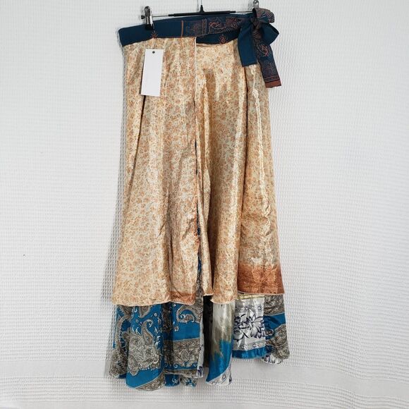 Vintage Satin Sari Wrap Skirts Womens Large Gold Blue Magic Bohemian Multiway - Picture 1 of 16